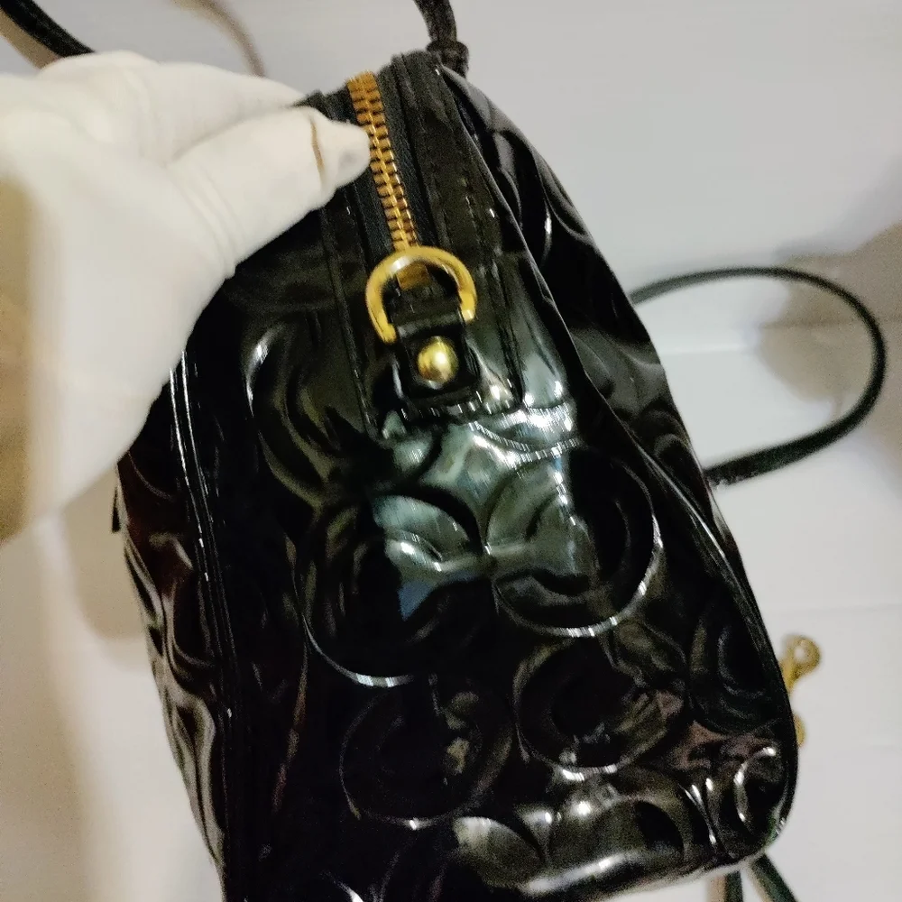 Coach Black Optic C Embossed Patent Leather Large Shoulder Crossbody Bag